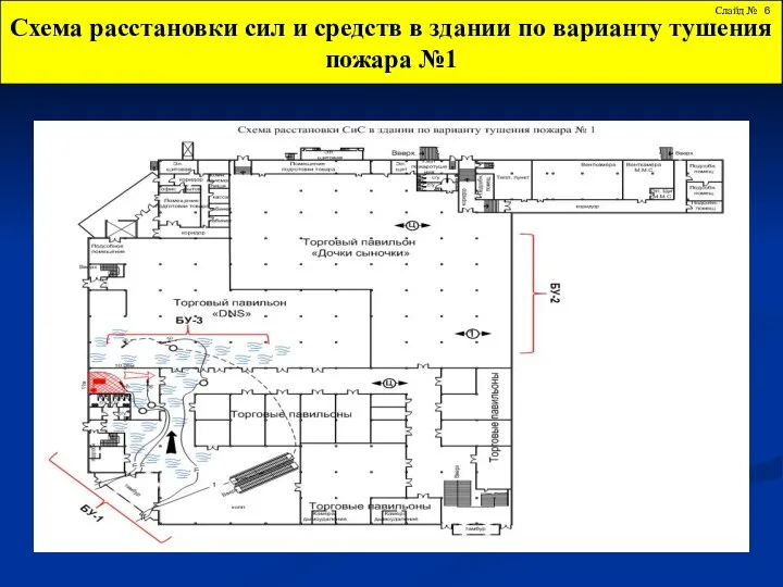 Схема расстановки сил и средств в здании по варианту тушения пожара №1 Слайд №