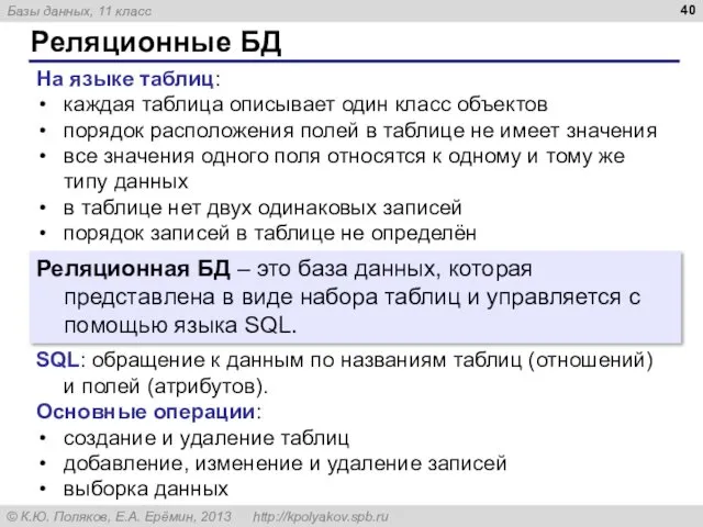 Реляционные БД Реляционная БД – это база данных, которая представлена