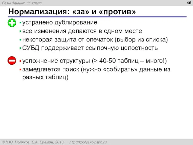 Нормализация: «за» и «против» усложнение структуры (> 40-50 таблиц –