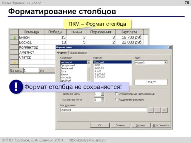 Форматирование столбцов ПКМ – Формат столбца