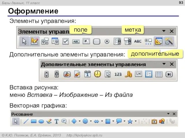 Оформление Элементы управления: Вставка рисунка: меню Вставка – Изображение –