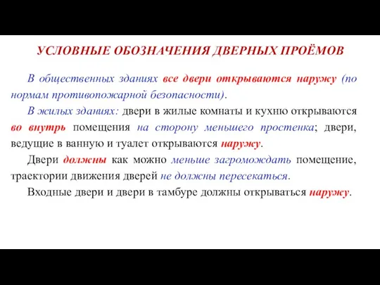 УСЛОВНЫЕ ОБОЗНАЧЕНИЯ ДВЕРНЫХ ПРОЁМОВ В общественных зданиях все двери открываются