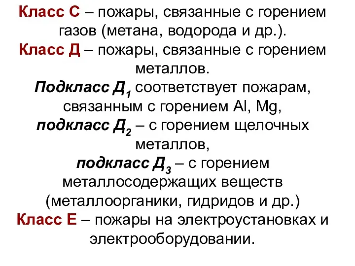 Класс С – пожары, связанные с горением газов (метана, водорода и др.). Класс