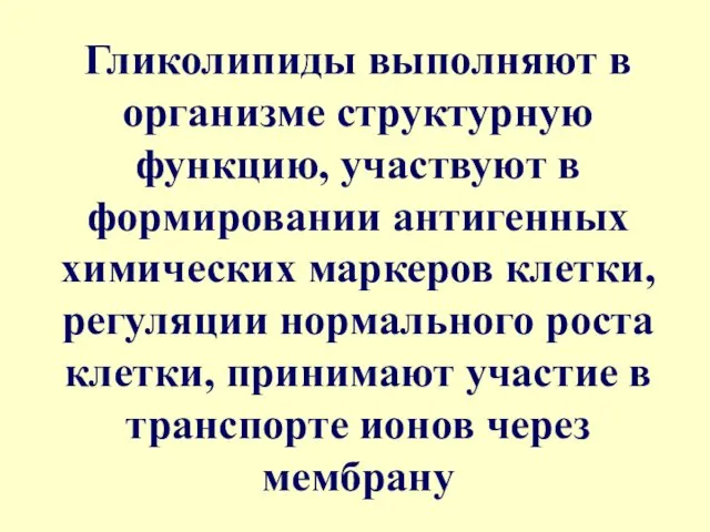 Гликолипиды выполняют в организме структурную функцию, участвуют в формировании антигенных химических маркеров клетки,