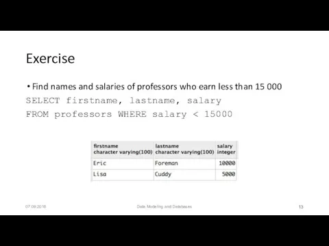 Exercise Find names and salaries of professors who earn less