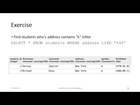 Exercise Find students who's address contains "k" letter SELECT *