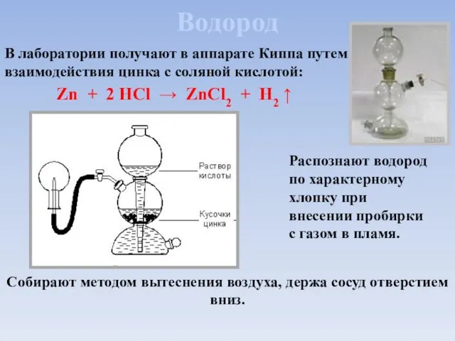 Водород В лаборатории получают в аппарате Киппа путем взаимодействия цинка