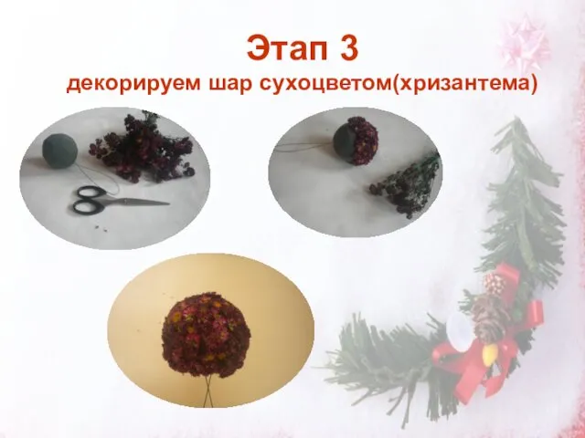 Этап 3 декорируем шар сухоцветом(хризантема)