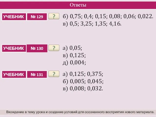 Ответы Вхождение в тему урока и создание условий для осознанного