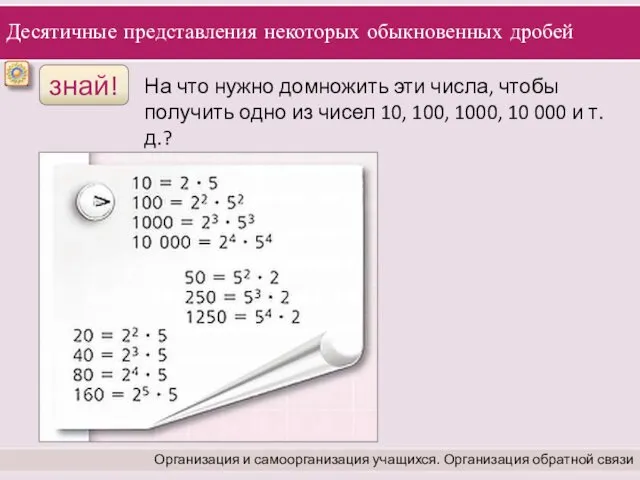 Десятичные представления некоторых обыкновенных дробей Организация и самоорганизация учащихся. Организация