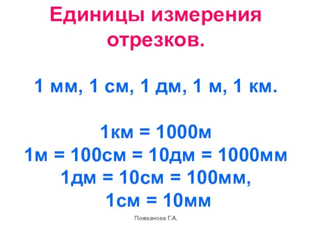 Пожванова Г.А. Единицы измерения отрезков. 1 мм, 1 см, 1