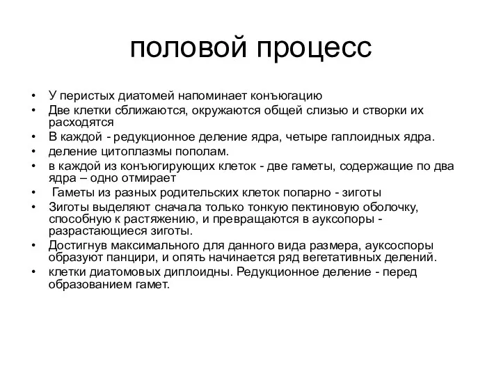 половой процесс У перистых диатомей напоминает конъюгацию Две клетки сближаются,