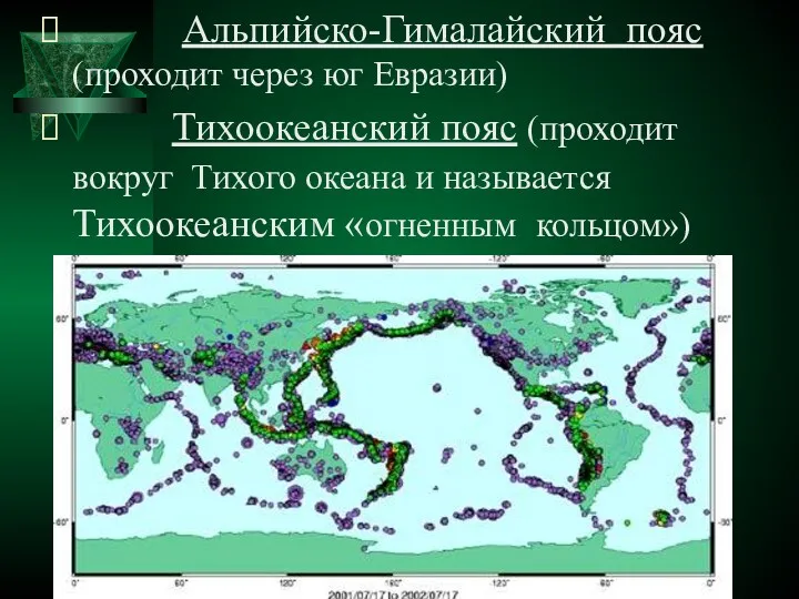 Альпийско-Гималайский пояс (проходит через юг Евразии) Тихоокеанский пояс (проходит вокруг