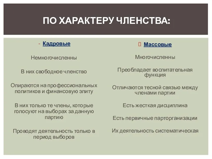 Кадровые Немногочисленны В них свободное членство Опираются на профессиональных политиков