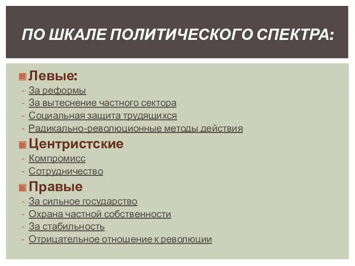 Левые: За реформы За вытеснение частного сектора Социальная защита трудящихся