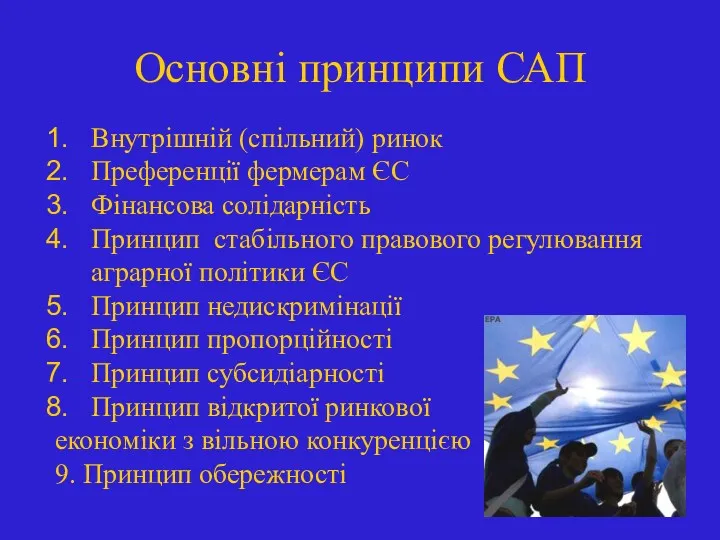 Основні принципи САП Внутрішній (спільний) ринок Преференції фермерам ЄС Фінансова