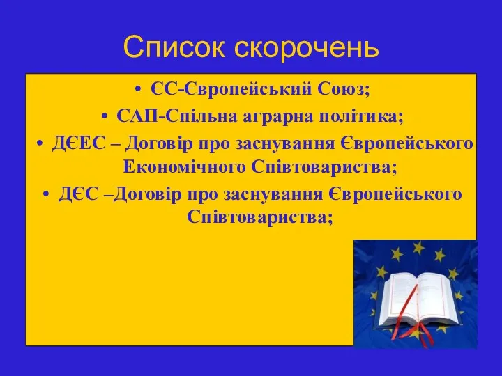 Список скорочень ЄС-Європейський Союз; САП-Спільна аграрна політика; ДЄЕС – Договір