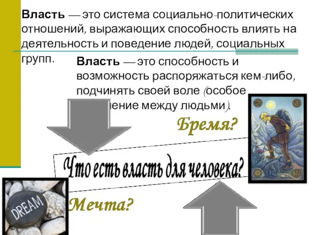 Власть — это система социально-политических отношений, выражающих способность влиять на