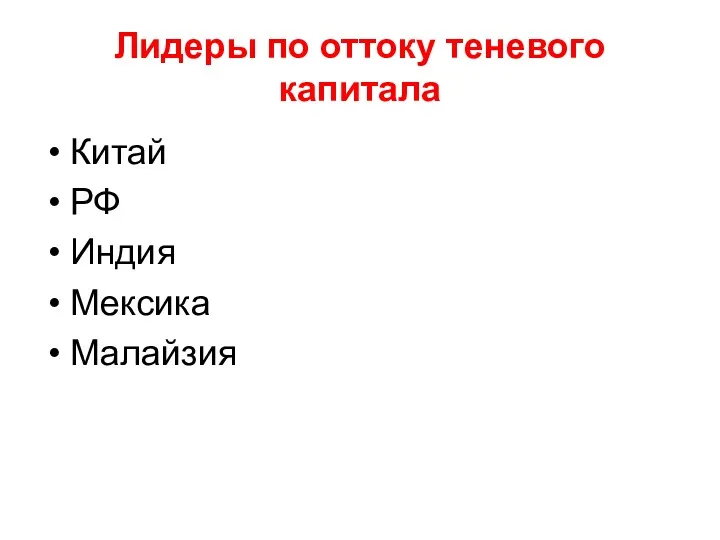 Лидеры по оттоку теневого капитала Китай РФ Индия Мексика Малайзия