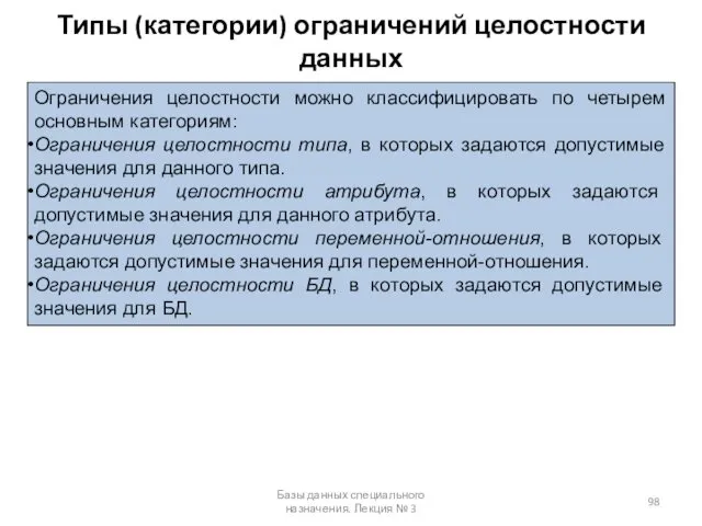 Типы (категории) ограничений целостности данных Базы данных специального назначения. Лекция