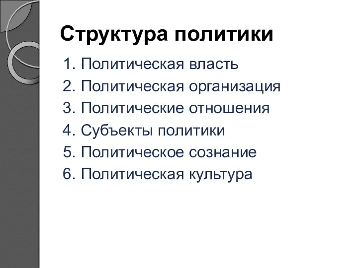 Структура политики 1. Политическая власть 2. Политическая организация 3. Политические