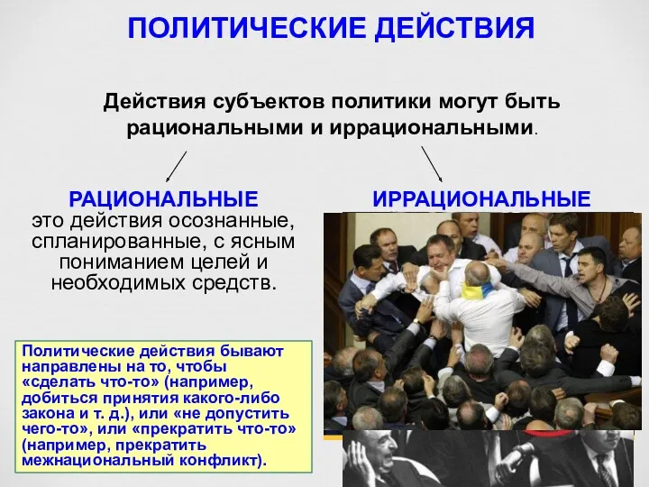 ПОЛИТИЧЕСКИЕ ДЕЙСТВИЯ Политические действия бывают направлены на то, чтобы «сделать