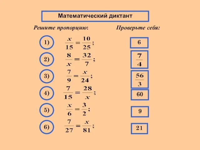 Математический диктант Математический диктант Решите пропорцию: Проверьте себя: 6 1)