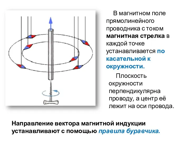 В магнитном поле прямолинейного проводника с током магнитная стрелка в каждой точке устанавливается
