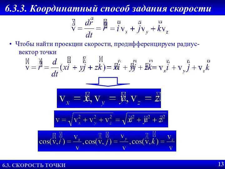 6.3.3. Координатный способ задания скорости Чтобы найти проекции скорости, продифференцируем радиус- вектор точки