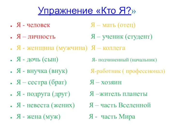 Упражнение «Кто Я?» Я - человек Я – мать (отец)