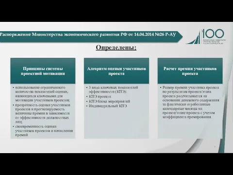 Распоряжение Министерства экономического развития РФ от 14.04.2014 №26 Р-АУ Определены: