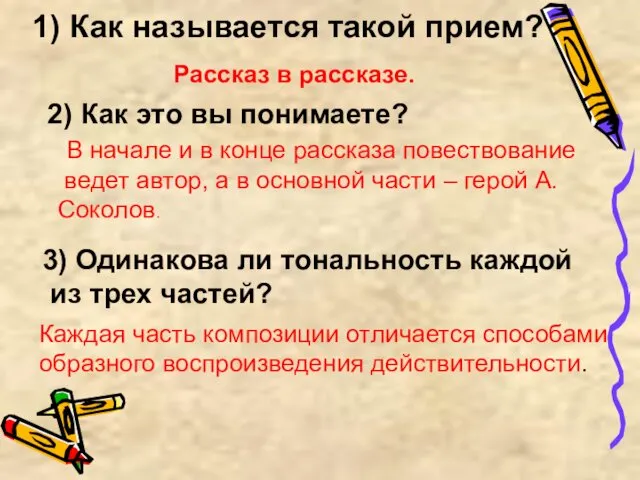 1) Как называется такой прием? Рассказ в рассказе. 2) Как