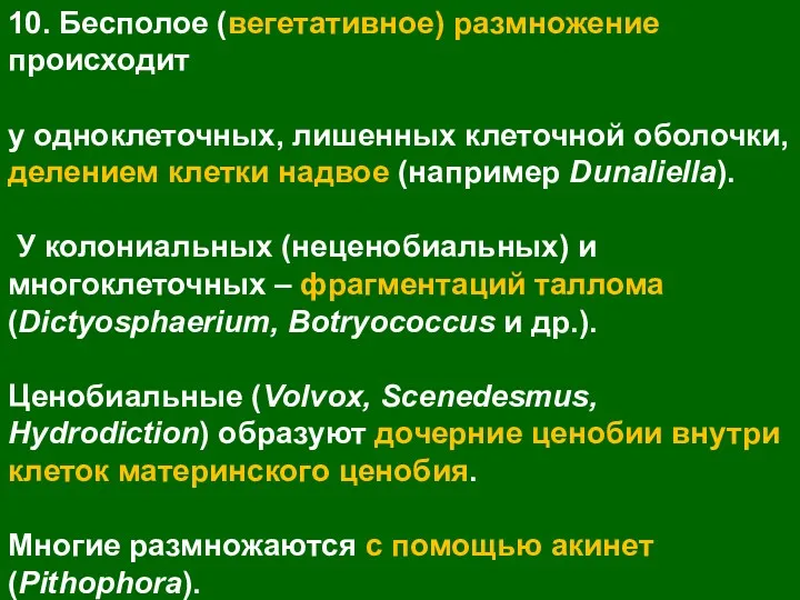 10. Бесполое (вегетативное) размножение происходит у одноклеточных, лишенных клеточной оболочки,