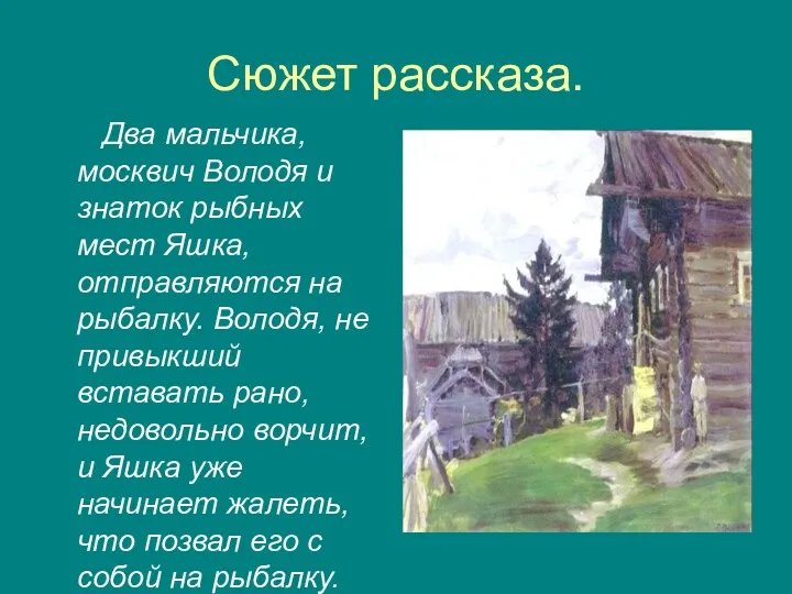 Сюжет рассказа. Два мальчика, москвич Володя и знаток рыбных мест