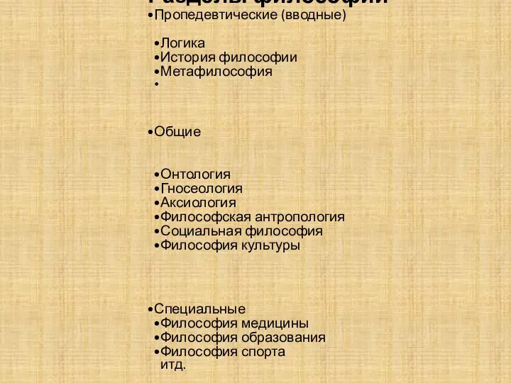 Разделы философии Пропедевтические (вводные) Логика История философии Метафилософия Общие Онтология