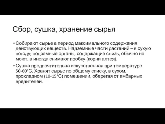 Сбор, сушка, хранение сырья Собирают сырье в период максимального содержания