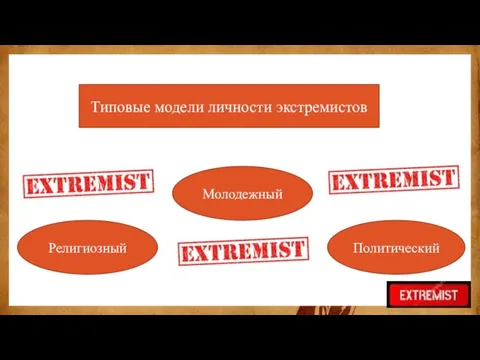 Типовые модели личности экстремистов Религиозный Молодежный Политический