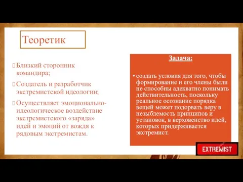 Теоретик Близкий сторонник командира; Создатель и разработчик экстремистской идеологии; Осуществляет