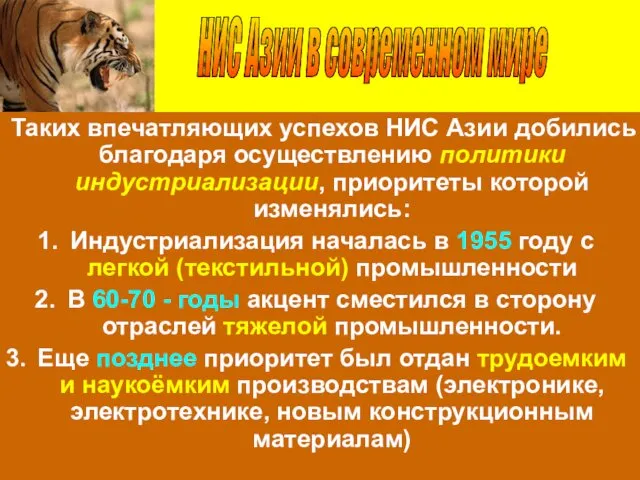 Таких впечатляющих успехов НИС Азии добились благодаря осуществлению политики индустриализации, приоритеты которой изменялись: