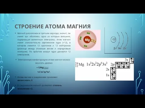 СТРОЕНИЕ АТОМА МАГНИЯ Магний расположен в третьем периоде, значит, он