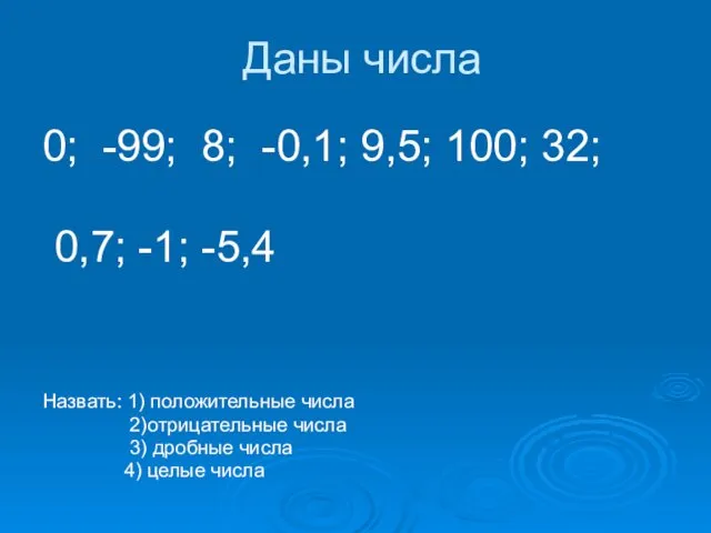 Даны числа 0; -99; 8; -0,1; 9,5; 100; 32; 0,7;