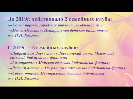 До 2019г. действовало 2 семейных клуба: «Белый парус»: городская библиотека-филиал