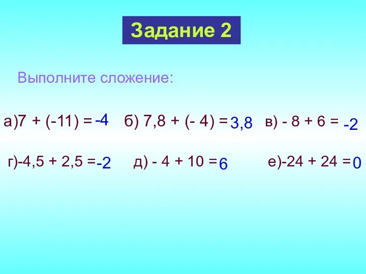 Выполните сложение: а)7 + (-11) = б) 7,8 + (-