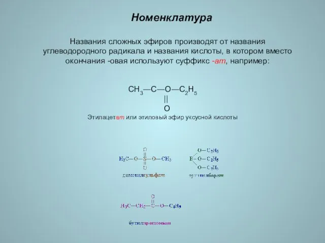 Номенклатура Названия сложных эфиров производят от названия углеводородного радикала и