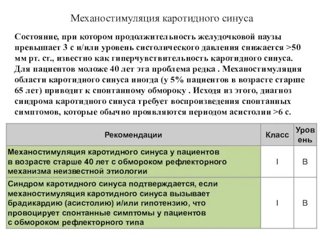 Механостимуляция каротидного синуса Состояние, при котором продолжительность желудочковой паузы превышает