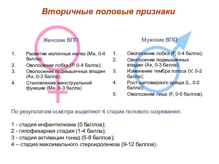 Вторичные половые признаки Мужские ВПП: Оволосение лобка (Р, 0-4 балла); Оволосение подмышечных впадин