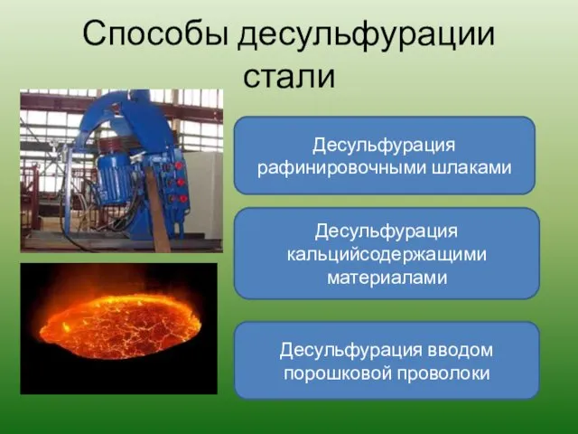 Способы десульфурации стали Десульфурация кальцийсодержащими материалами Десульфурация рафинировочными шлаками Десульфурация вводом порошковой проволоки