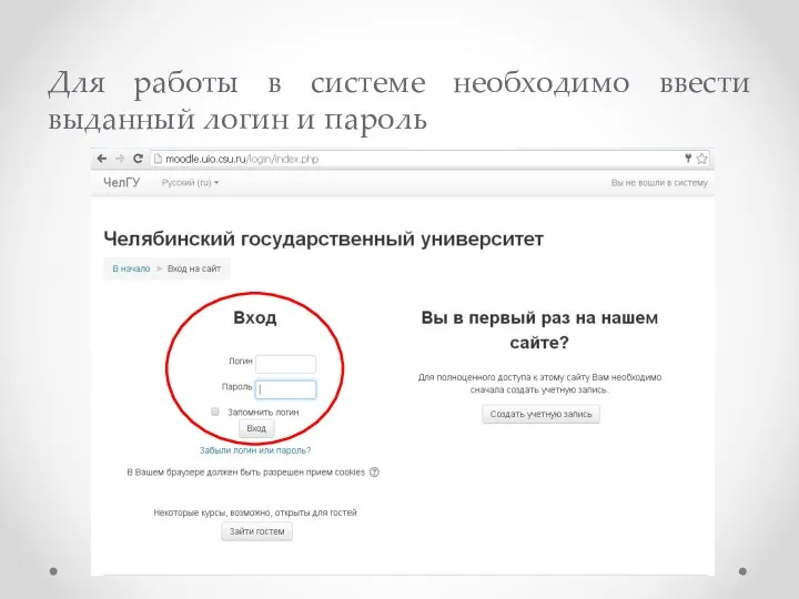 Для работы в системе необходимо ввести выданный логин и пароль