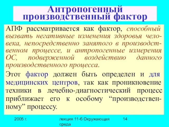 2005 г. лекция 11-б Окружающая среда Антропогенный производственный фактор АПФ