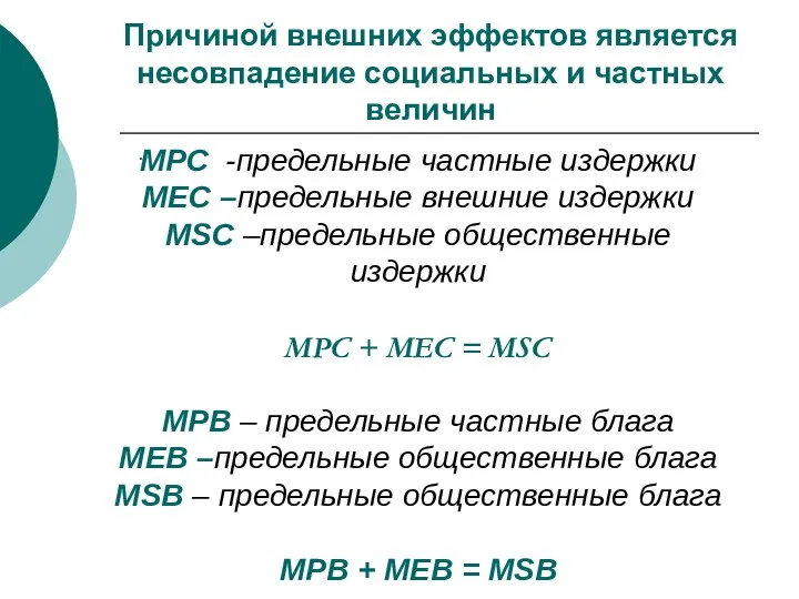 Причиной внешних эффектов является несовпадение социальных и частных величин .